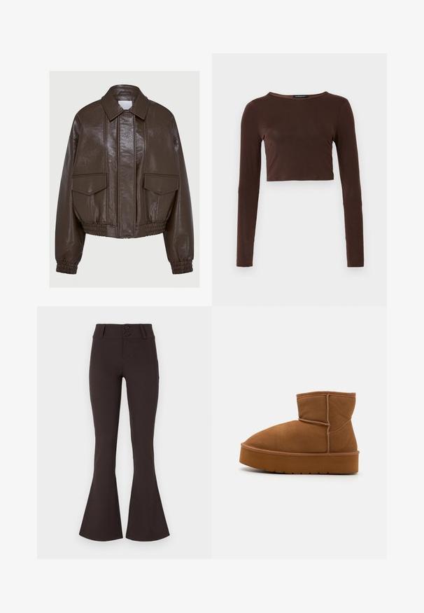 Brun kunstlæder cropped jakke med krave, elastiske manchetter, to frontlommer og dekorative syninger.; Brun langærmet cropped top lavet af glat materiale, med en rund halsudskæring og tætsiddende design. Ingen synlige mønstre eller accenter.; Brune flared bukser lavet af strækbart stof. Har høj talje med to knapper og en glat overflade. Ingen mønstre eller udsmykninger.; Brun ruskindsankelstøvle med rund tå, blød tekstur og en tykk gummisål. Har syninger og et lavprofil design.
