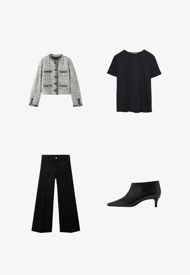 Veste en tweed gris et noir texturée avec col rond, cinq boutons noirs et quatre poches frontales avec détails boutonnés sur les manches.; T-shirt en coton noir à manches courtes, col rond, présenté sur un fond blanc.; Pantalon noir à jambes larges avec poches avant, passants de ceinture et fermeture par bouton à la taille sur fond blanc uni.; Bottine en cuir noir avec bout pointu et petit talon kitten, conçue pour un port élégant et formel.
