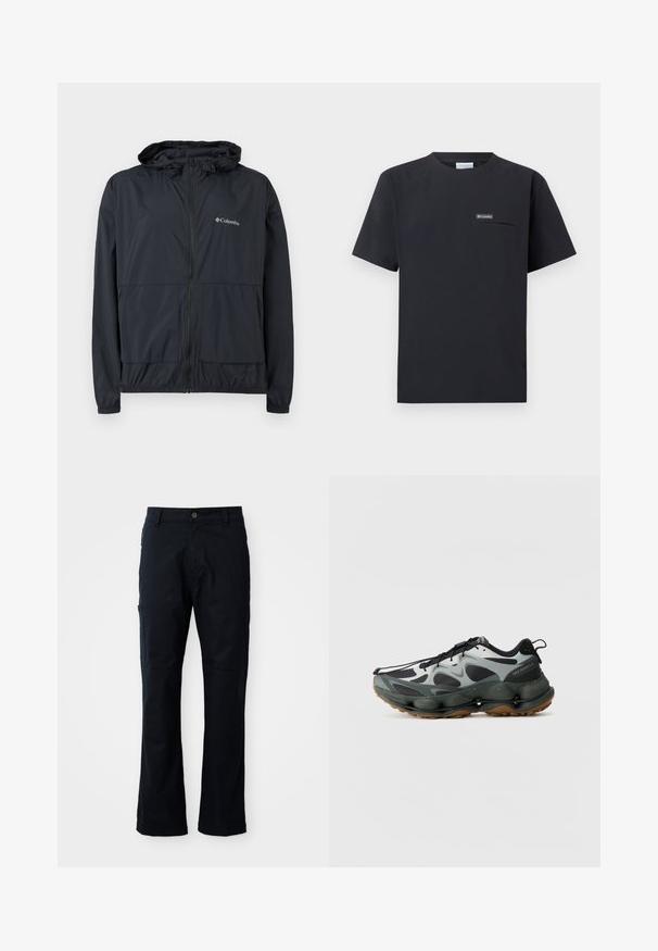 Veste à capuche zippée noire de Columbia avec poignets élastiques et poches avant, présentée sur un fond blanc.; T-shirt Columbia noir à manches courtes avec poche zippée sur la poitrine et petit écusson logo, présenté sur un fond blanc.; Pantalons marine foncé en mélange de coton, avec une coupe droite, une poche latérale zippée et des détails de couture subtils.; Chaussures de sport noires et grises avec tige en mesh, semelle sculptée et semelle extérieure en caoutchouc. Présente un système de laçage sécuritaire et une languette à l'arrière.