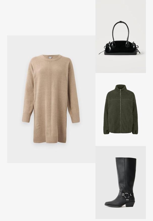 Fleecejack in donkergroen met een hoge kraag, volledige rits aan de voorkant, zijzakken en duimgaten. Zacht materiaal met een ontspannen pasvorm.; Beige gebreide trui-jurk met lange mouwen, ronde halslijn en een centrale naaddetail. Heeft ribgebreide manchetten en een zoom voor extra textuur.; Zwarte leren kniehoge laarzen met een spitse neus, voorzien van een decoratieve enkelband en zilveren hardwareaccenten. Lage, gestapelde hak.; Kleine zwarte glanzende handtas met twee lange hengsels en zijkant trekkoord details op een effen lichte achtergrond.