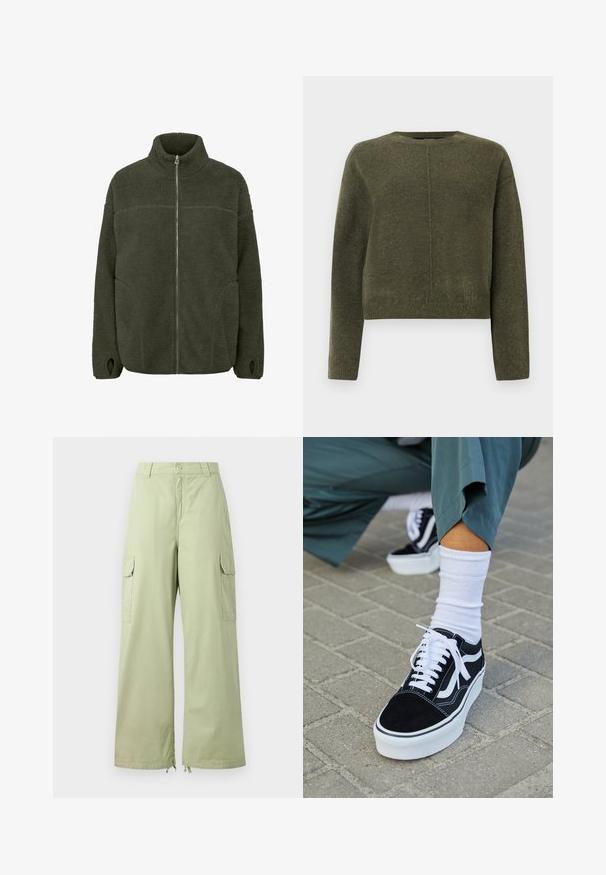 Veste en polaire vert foncé avec un col haut, fermeture éclair sur toute la longueur, poches latérales et passants pour les pouces. Texture douce avec une coupe décontractée.; Pull cropped vert olive en matériau tricoté doux. Dispose de manches longues et d'un col rond avec un subtil détail de couture centrale.; Pantalons cargo vert clair avec jambes larges, en coton. Présente deux poches latérales et une fermeture à bouton. Texture lisse et design décontracté.; Baskets en suède noir avec des accents et des lacets blancs, présentant une épaisse semelle blanche et des coutures contrastantes, associées à une chaussette blanche.