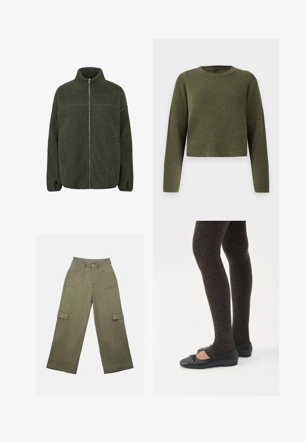 Fleecejakke i mørkegrøn med høj krave, fuld frontlynlås, sidelommer og tommelhuller. Blød tekstur med en afslappet pasform.; Grøn kortærmet sweater med lange ærmer, lavet af tekstureret strikstof. Har en rund halsudskæring og minimalistisk design.; Olivengrønne cargo bukser med høj talje, brede ben og to store sidelommer. Fremstillet af glat stof med knaplukning.; Ben iført mørke ribbede leggings kombineret med sorte balletsko med små sløjfedetaljer på hvid baggrund.