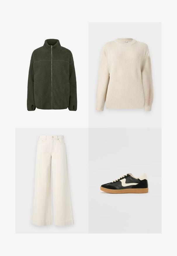 Veste en polaire vert foncé avec un col haut, fermeture éclair sur toute la longueur, poches latérales et passants pour les pouces. Texture douce avec une coupe décontractée.; Pull en maille épaisse crème avec un col rond, des manches prolongées et une finition texturée. Présente un léger côte et une coupe décontractée.; Pantalons en denim beige clair à jambes larges, taille haute, avec deux poches avant, fermeture à bouton et détails de couture subtils.; Baskets en daim et cuir noir avec un swoosh latéral crème et un talon crème clair. Dotées de lacets beige et d'une semelle en caoutchouc gomme.