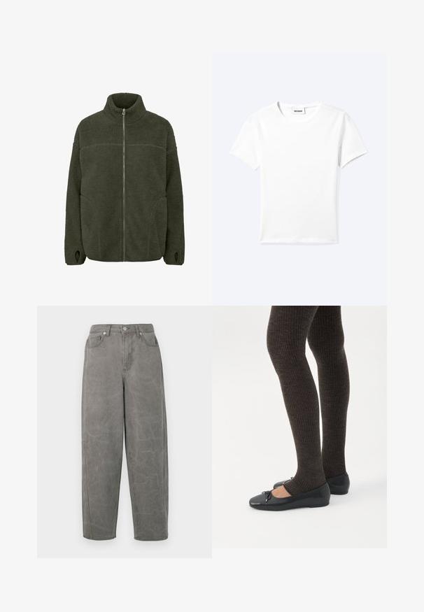Fleecejack in donkergroen met een hoge kraag, volledige rits aan de voorkant, zijzakken en duimgaten. Zacht materiaal met een ontspannen pasvorm.; Effen wit T-shirt met korte mouwen en ronde hals met een klein "WEEKDAY" label aan de binnenkant van de hals, plat neergelegd op een lichte achtergrond.; Grijze denim broek met een relaxte pasvorm, hoge taille, vijf-pocket ontwerp en subtiele vervaging. Voorzien van een ritssluiting en metalen knoopsluiting.; Benen met donkere geribbelde leggings gecombineerd met zwarte ballerina's met kleine strikdetails op een witte achtergrond.