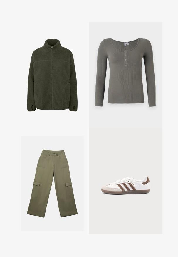 Fleecejacke in Dunkelgrün mit hohem Kragen, durchgehendem Reißverschluss, Seitentaschen und Daumenöffnungen. Weicher Stoff mit lockerer Passform.; Olivgrünes, geripptes Langarmshirt mit Rundhalsausschnitt und vier silbernen Druckknöpfen auf der vorderen Blende.; Olivgrüne Cargo-Hosen mit hoher Taille, weitem Bein und zwei großen Seitentaschen. Hergestellt aus glattem Stoff mit einem Knopfverschluss.; Weißer Adidas Samba Sneaker mit braunen Wildlederstreifen, brauner Gummisohle und beiger Wildlederkappe, von der Außenseite auf schlichtem Hintergrund gezeigt.