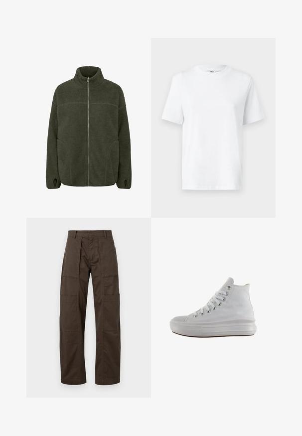 Fleecejacke in Dunkelgrün mit hohem Kragen, durchgehendem Reißverschluss, Seitentaschen und Daumenöffnungen. Weicher Stoff mit lockerer Passform.; Weißes Baumwoll-T-Shirt mit Rundhalsausschnitt, kurzärmlig und mit glatter Textur. Entworfen mit einer lockeren Passform für Komfort und Vielseitigkeit.; Braune Cargo-Hosen aus robustem Stoff, mit mehreren Taschen, einer lockeren Passform und auffälligen Nähdetails für Langlebigkeit.; Weißer High-Top-Canvas-Sneaker mit weißen Schnürsenkeln, metallischen Ösen, dicker Gummisohle und strukturierter Zehenkappe, nach links auf weißem Hintergrund ausgerichtet.