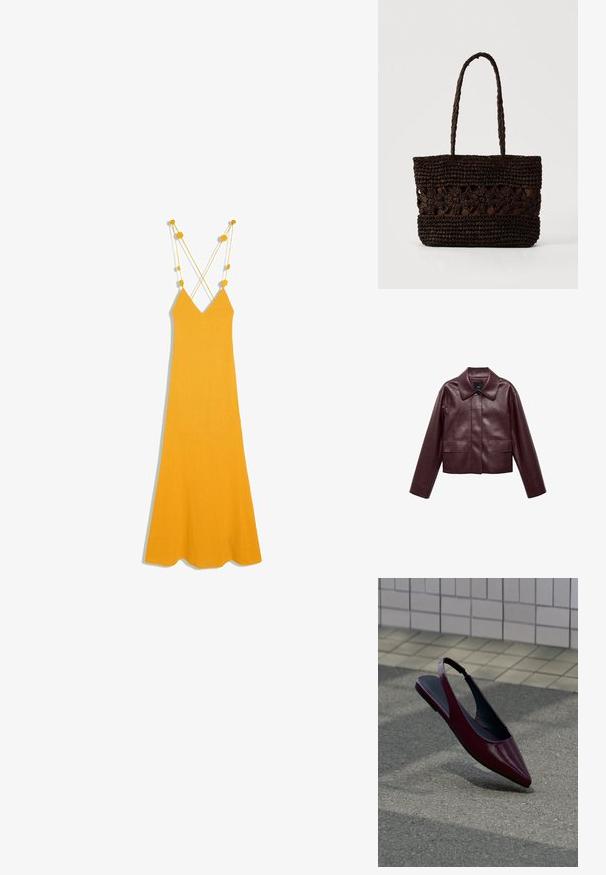 Burgunderrote, taillierte Lederjacke mit Kragen, Knopfverschluss auf der Vorderseite und zwei Brusttaschen. Schmale Passform und enganliegende Ärmel.; Ärmelloses Maxikleid in Senfgelb mit dünnen, gekreuzten Trägern und kleinen dekorativen Knoten entlang der Träger.; Bordeauxfarbener Slingback-Flachschuh aus Lackleder mit spitzer Spitze, der über einem strukturierten Bürgersteig nahe einer gefliesten Wand schwebt.; Dunkelbraune gewebte Tragetasche mit Blumenmustern und zwei langen geflochtenen Griffen auf hellem einfarbigem Hintergrund.