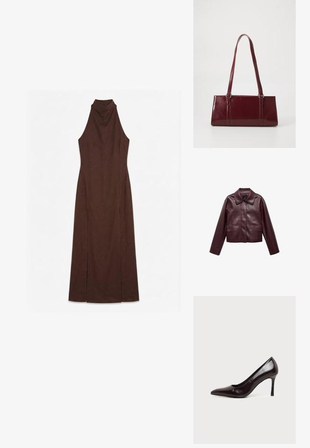 Bordeaux leren cropped jas met een kraag, sluiting met knopen aan de voorkant en twee borstzakken. Glad textuur en aangesloten mouwen.; Mouwloze donkerbruine maxijurk met hoge hals en aansluitende taille, met zijsplits van knie tot zoom.; Zwarte leren pumps met puntige neus en slanke naaldhak op een effen lichte achtergrond.; Bourgondische handtas van glanzend materiaal, rechthoekige vorm, met twee schouderbanden en subtiele gebogen accenten aan de voorkant.