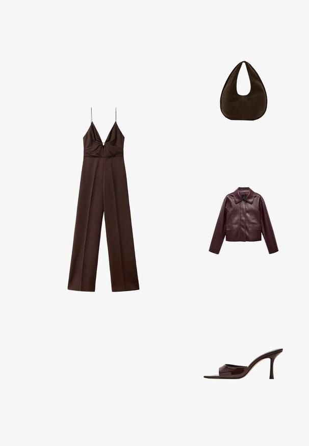 Burgunderlæder cropped jakke med krave, frontknaplukning og to brystlommer. Glat tekstur og tætsiddende ærmer.; Mørkebrunt jumpsuit med vide ben, tynde spaghetti-stropper og en dyb V-halsudskæring med rynkede detaljer ved brystet.; Mørkebrun laklæder mule med åben tå, bred rem og slank høj hæl på hvid baggrund.; Mørkebrun ruskind skuldertaske formet som en halvmåne med en bred rem og glat tekstur på en hvid baggrund.