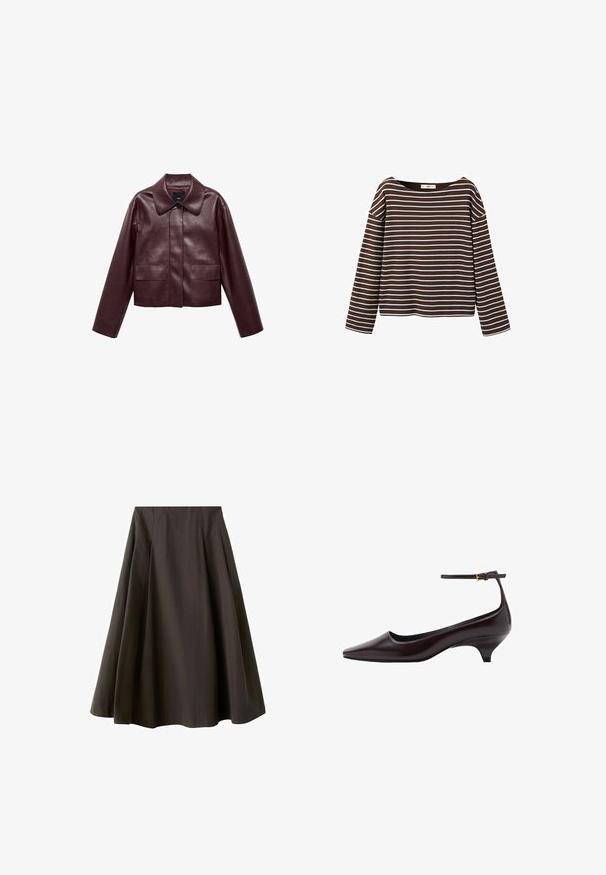 Bordeaux leren cropped jas met een kraag, sluiting met knopen aan de voorkant en twee borstzakken. Glad textuur en aangesloten mouwen.; Bruin shirt met lange mouwen en witte horizontale strepen, met een brede ronde halslijn, weergegeven tegen een witte achtergrond.; Zwarte A-lijn rok met hoge taille en uitlopende zoom, gemaakt van gladde stof, getoond tegen een witte achtergrond.; Donkerbruine leren kittenheel schoenen met een spitse neus, een dunne enkelband en een kleine gouden gesp.