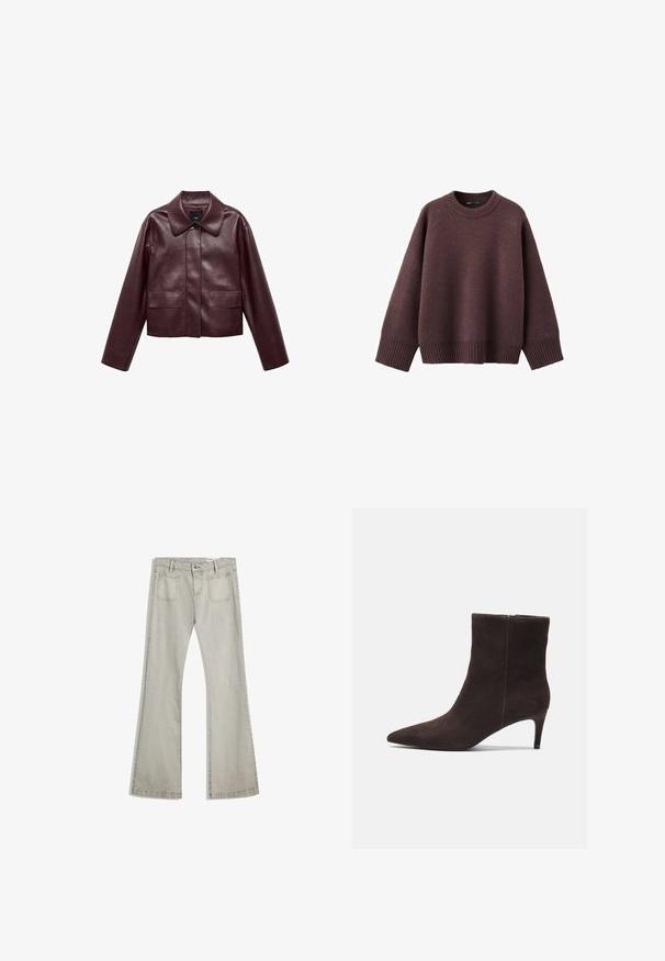 Burgunderrote, taillierte Lederjacke mit Kragen, Knopfverschluss auf der Vorderseite und zwei Brusttaschen. Schmale Passform und enganliegende Ärmel.; Locker geschnittener Pullover in dunklem Burgunderrot aus weichem Strickstoff. Mit einem gerippten Rundhalsausschnitt, weiten Ärmeln und einem gerippten Saum.; Helle graue Denim-Jeans mit ausgestelltem Bein, die über einen Knopfverschluss, fünf Taschen und subtile Steppnähte entlang der Nähte verfügen.; Braune Wildleder-Ankelstiefel mit spitzem Zehenbereich und 7,5 cm Absatz, ausgestattet mit einer glatten Textur und minimalistischen Design. Reißverschluss auf der Rückseite.