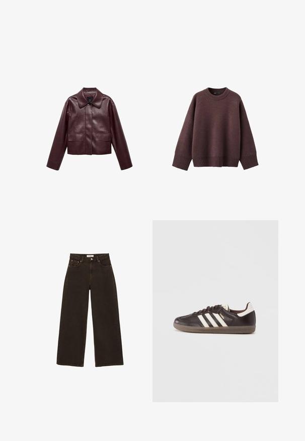 Burgunderlæder cropped jakke med krave, frontknaplukning og to brystlommer. Glat tekstur og tætsiddende ærmer.; Løs pasform sweater i mørk bordeaux, lavet af blødt strikket stof. Har en ribstrikket rund hals, vide ærmer og en ribstrikket kant.; Mørkebrune cowboybukser med brede ben, forrest med knap og lynlås, forlommer med nitter og bæltestropper, lagt fladt på en hvid baggrund.; Mørkebrune lædersneakers med hvidt tre-stribet design, en gummisål og "Samba" i gyldne bogstaver på siden. Klassisk lavtopform.