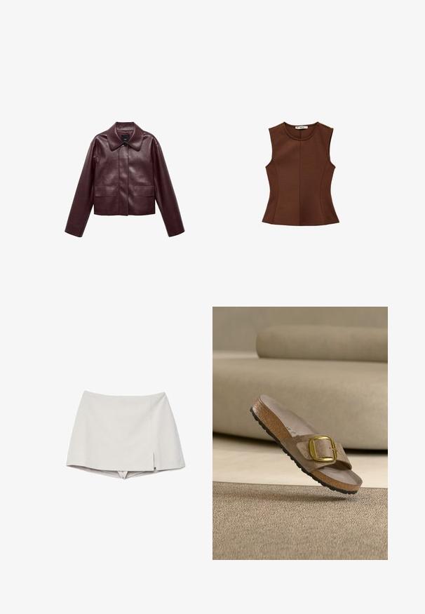 Burgunderrote, taillierte Lederjacke mit Kragen, Knopfverschluss auf der Vorderseite und zwei Brusttaschen. Schmale Passform und enganliegende Ärmel.; Ärmelloses braunes, figurbetontes Oberteil mit rundem Halsausschnitt und mittiger Naht, flach auf weißem Hintergrund ausgelegt.; Beige Skort mit hoher Taille und kleinem Schlitz vorne auf der rechten Seite, kombiniert das Aussehen eines Rocks mit Shorts darunter.; Beige Slide-Sandale mit großer goldener Schnalle und Korksohle, schwebt über einem strukturierten beigen Teppich und beigem Sofa-Hintergrund.