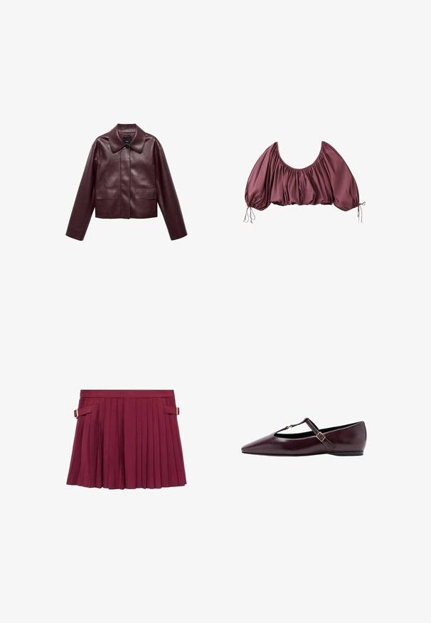 Bordeaux leren cropped jas met een kraag, sluiting met knopen aan de voorkant en twee borstzakken. Glad textuur en aangesloten mouwen.; Gecropte, off-shoulder blouse in diep mauve met geplooide stof en elastische pofmouwen, gestrikt aan de polsen.; Bordeaux plissérok met een vlakke tailleband, voorzien van zijgespen en een gladde textuur, ontworpen met verticale plooien voor een vloeiende uitstraling.; Puntige ballerina in donker bordeauxleer. Voorzien van een T-band met een kleine gesp en een lage hak. Gladde textuur met minimale accenten.