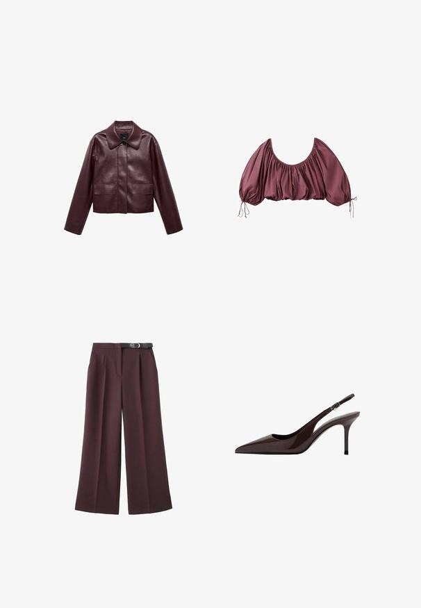 Bordeaux leren cropped jas met een kraag, sluiting met knopen aan de voorkant en twee borstzakken. Glad textuur en aangesloten mouwen.; Gecropte, off-shoulder blouse in diep mauve met geplooide stof en elastische pofmouwen, gestrikt aan de polsen.; Donkere wijde broek met voorplooien en een zwarte riem met zilverkleurige gesp in de taille, getoond op een witte achtergrond.; Bruine gepolijste leren slingback hakken met een spitse neus, slanke hak en verstelbare gespband. Gladde textuur en glanzende afwerking.