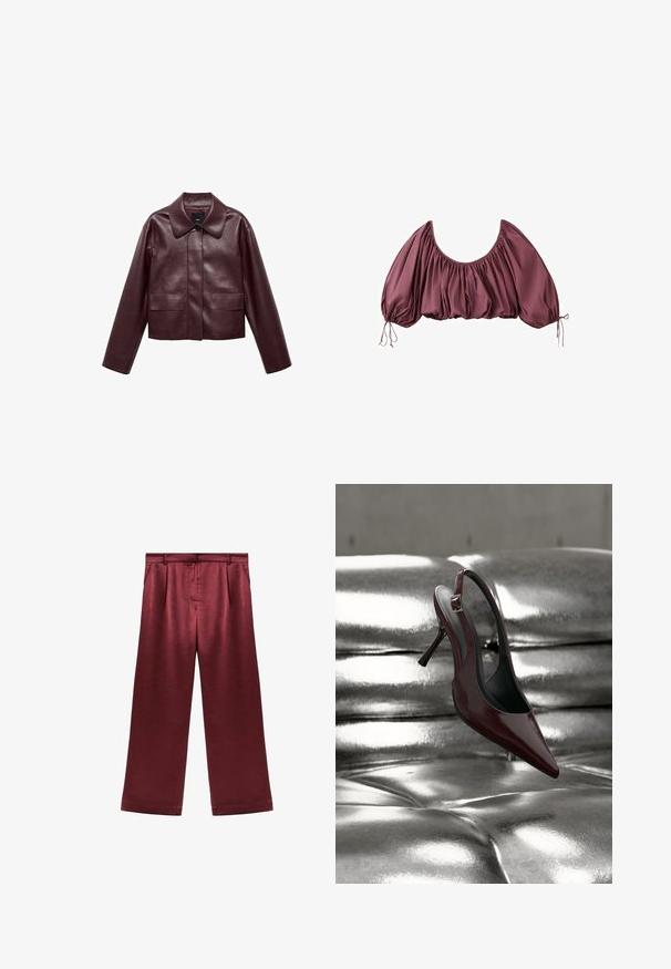 Burgunderlæder cropped jakke med krave, frontknaplukning og to brystlommer. Glat tekstur og tætsiddende ærmer.; Beskåret, off-shoulder bluse i dyb mauve med samlet stof og elastiske pufærmer, bundet ved håndleddene.; Bordeaux brede benbukser lavet af satin med en glat tekstur, der har høj talje og to sidelommer som funktionelt detaljer.; Mørkerød slingback højhælet sko med spids snude, hvilende på en blank, metallisk sølv polstret overflade.