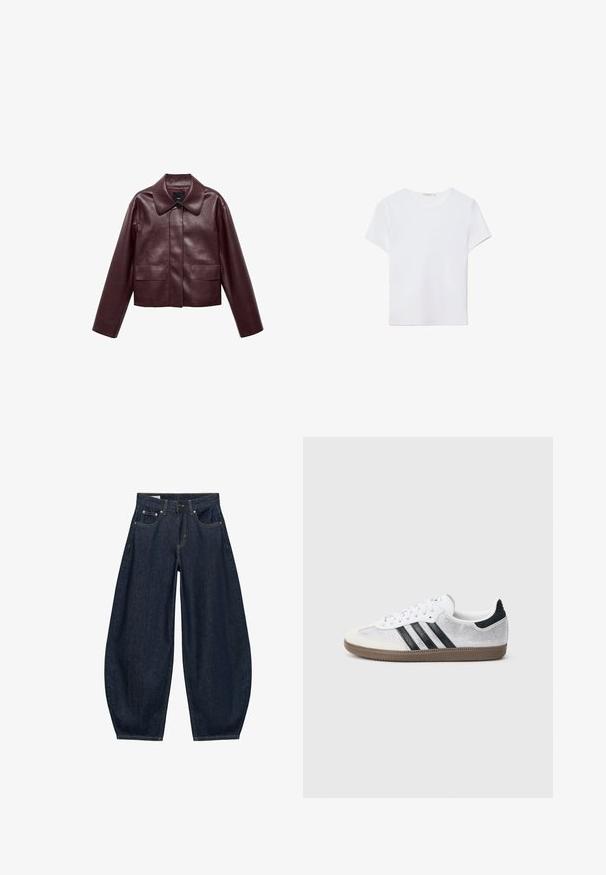 Burgunderrote, taillierte Lederjacke mit Kragen, Knopfverschluss auf der Vorderseite und zwei Brusttaschen. Schmale Passform und enganliegende Ärmel.; Weißes kurzärmliges T-Shirt aus weichem Stoff. Hat einen runden Halsausschnitt und ein einfaches, sauberes Design mit geradem Saum.; Dunkelblaue Jeans mit weitem Bein, vorderen Taschen, Gürtelschlaufen und Knopfverschluss in der Taille.; Weißer Mesh-Sneaker mit schwarzen Streifen, beiger Wildleder-Kappe an der Spitze und am Absatz, strukturierter Gummisohle und weißen Schnürsenkeln. Klassisches Low-Top-Design.