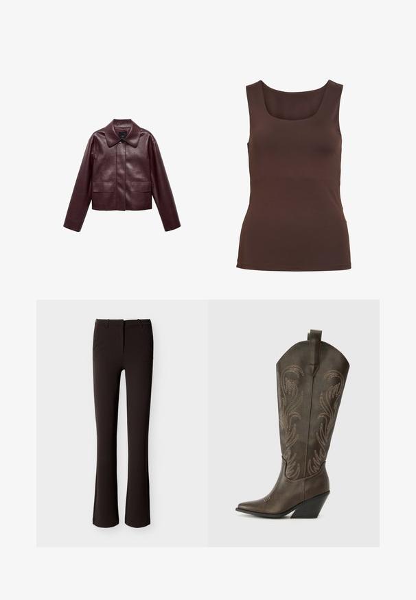 Chaqueta corta de cuero burdeos con cuello, cierre frontal de botones y dos bolsillos en el pecho. Textura suave y mangas ajustadas.; Camiseta de tirantes marrón sin mangas con escote cuadrado y corte ajustado, mostrada sobre un fondo blanco liso.; Pantalones negros ajustados con ligero vuelo, cremallera frontal y presillas para cinturón, mostrados extendidos sobre un fondo blanco.; Bota de vaquero de cuero marrón con puntera afilada, tacón en cuña y bordado decorativo. Presenta un caña alta y una lengüeta de agarre.