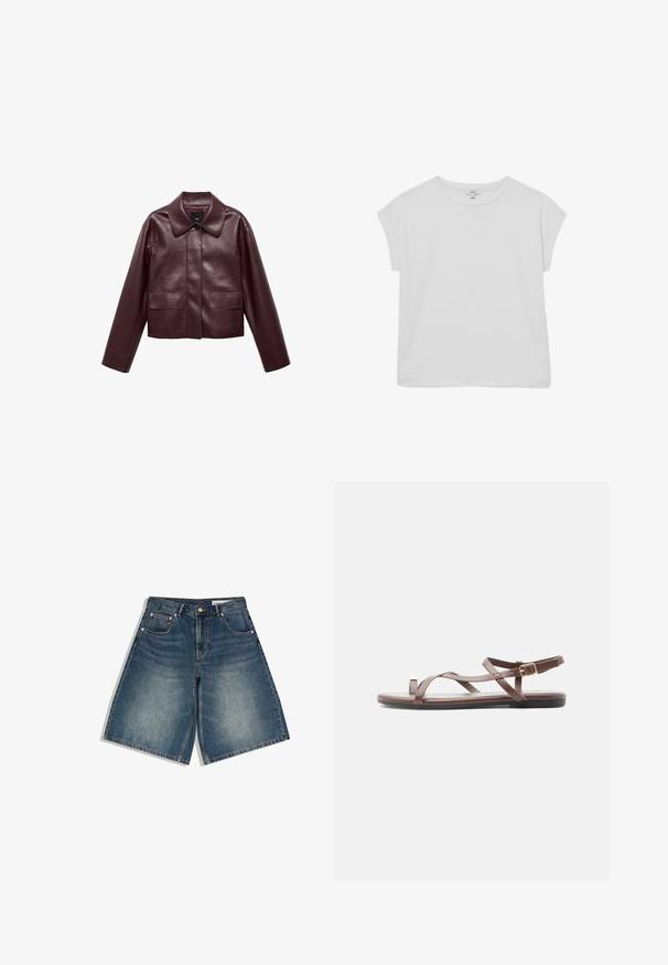 Bordeaux leren cropped jas met een kraag, sluiting met knopen aan de voorkant en twee borstzakken. Glad textuur en aangesloten mouwen.; Wit T-shirt met korte mouwen en een ronde hals, losse pasvorm en licht verlaagde schouders, plat weergegeven op een witte achtergrond.; Denim knielange shorts met steekzakken aan de voorkant, riemlussen, knoopsluiting en vervaagde wasdetails op een witte achtergrond.; Bruine platte sandaal met dunne gekruiste bandjes, teenlus en verstelbare enkelsgesp, zijaanzicht op een witte achtergrond.