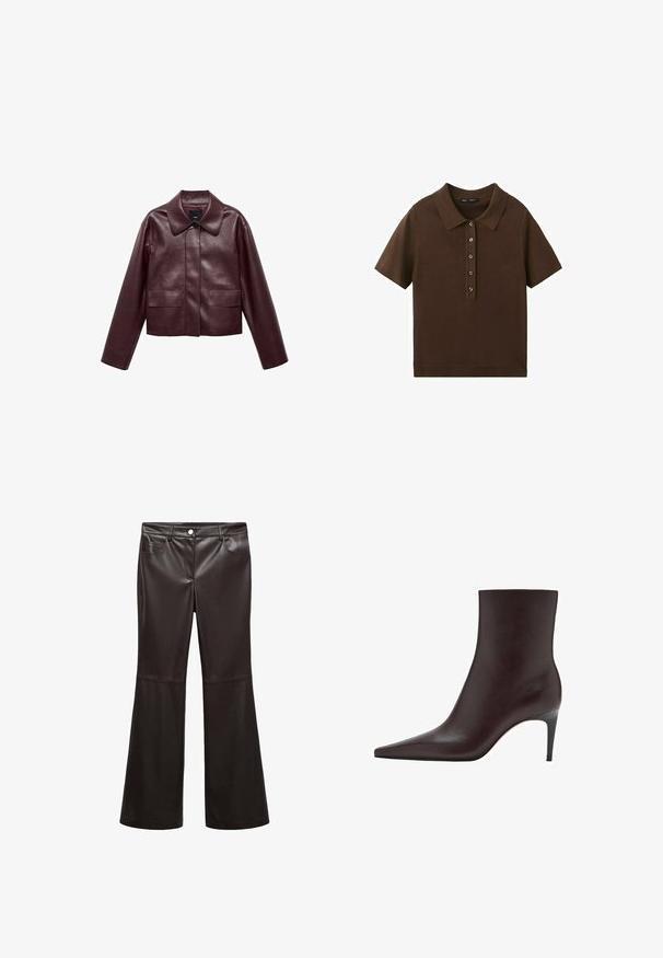 Burgunderrote, taillierte Lederjacke mit Kragen, Knopfverschluss auf der Vorderseite und zwei Brusttaschen. Schmale Passform und enganliegende Ärmel.; Braunes, kurzärmliges, gestricktes Poloshirt mit fünf Knöpfen vorne und klassischem Kragen, auf weißem Hintergrund dargestellt.; Schwarze ausgestellte Hosen aus glattem Kunstleder, mit Vordertaschen, Reißverschluss und silbernem Knopf. Betonte Nähte.; Braune Lederstiefelette mit spitzem Zeh, schlankem Schaft und dünnem, hohem Absatz. Glatte Textur, minimalistisches Design, keine sichtbaren Beschläge.