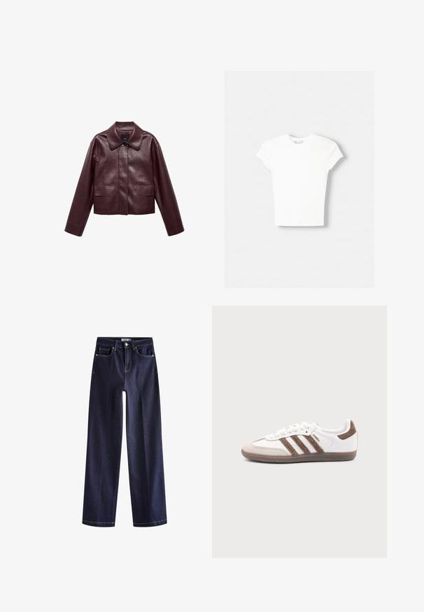 Bordeaux leren cropped jas met een kraag, sluiting met knopen aan de voorkant en twee borstzakken. Glad textuur en aangesloten mouwen.; Witte t-shirt met korte mouwen van zachte katoen, met een ronde halslijn en een getailleerde vorm. Geen zichtbare patronen of versieringen.; Donkerblauwe wijde denim jeans met knoop en rits aan de voorkant, vijf zakken en contrasterende stiksels.; Witte Adidas Samba sneaker met bruine suède strepen, bruine rubberen zool en beige suède neuskap, getoond vanaf de buitenkant op een effen achtergrond.