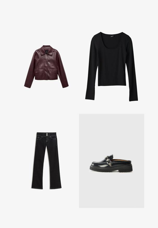 Bordeaux leren cropped jas met een kraag, sluiting met knopen aan de voorkant en twee borstzakken. Glad textuur en aangesloten mouwen.; Zwarte langemouwen shirt met een ronde hals, lichtgewicht stof, getailleerde pasvorm en rechte zoom, met een gladde textuur.; Zwarte denim jeans met een hoge taille, dubbele zilveren knopen, voor- en achterzakken, en witte contrasterende stiksels.; Zwarte leren instap loafer met een dikke zwarte rubberen zool, voorzien van een decoratieve zilveren band met vleugelaccenten en stikseldetails.