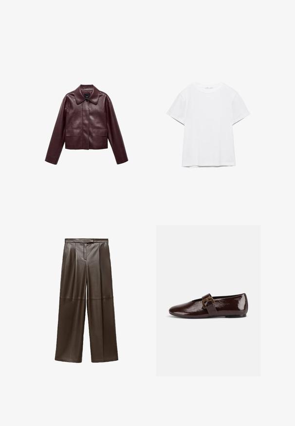 Burgunderlæder cropped jakke med krave, frontknaplukning og to brystlommer. Glat tekstur og tætsiddende ærmer.; Hvid, kortærmet T-shirt med rund hals og lige kant, vist på en hvid baggrund.; Brune læder brede bukser med en glat tekstur, der har folder foran og et klassisk taljebånddesign.; Mørkebrun laklædersko med stor guldlås og rund tå, vist i sideprofil på hvid baggrund.