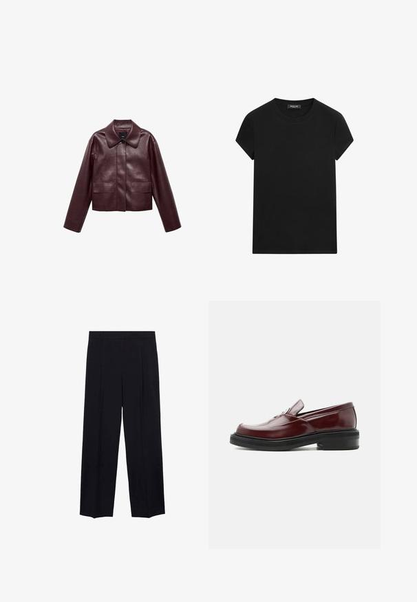 Burgunderlæder cropped jakke med krave, frontknaplukning og to brystlommer. Glat tekstur og tætsiddende ærmer.; Sort T-shirt med korte ærmer og rund hals med synligt mærke i halsudskæringen, centralt placeret på en hvid baggrund.; Sorte vidde bukser med glat stof, to frontfolder, en talje og en lige pasform uden synlige pynt.; Bordeaux rød læderloafer med sort solid sål og sølvfarvet dekorativ spænde, vist i sideprofil på hvid baggrund.