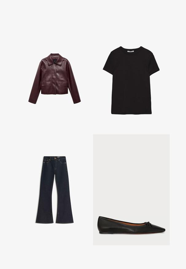 Burgunderlæder cropped jakke med krave, frontknaplukning og to brystlommer. Glat tekstur og tætsiddende ærmer.; Sort kortærmet t-shirt i bomuld med rund halsudskæring, standard pasform og synlig indvendig halsmærkat.; Mørke denim flare jeans med høj talje, kontrastsyede sømme, knaplukning og fire lommer. Buksebenene bliver bredere ved kanten.; Sorte læderballetflade med spids tå, slank silhuet og en lille sløjfedetalje på forsiden. Glat tekstur og minimalistisk design.