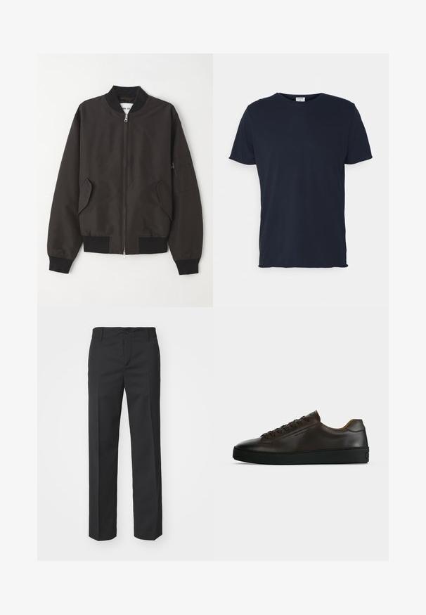 NN.07 Blouson Bomber - black; T-shirt en coton bleu marine avec un col rond et des manches courtes, présentant une texture lisse et un design simple, sans motifs ni accents visibles.; Filippa K TROY TROUSERS - Pantalon classique - black; Baskets basses en cuir marron foncé avec semelle en caoutchouc noire, lacets à l'avant et design minimaliste épuré sur fond clair.