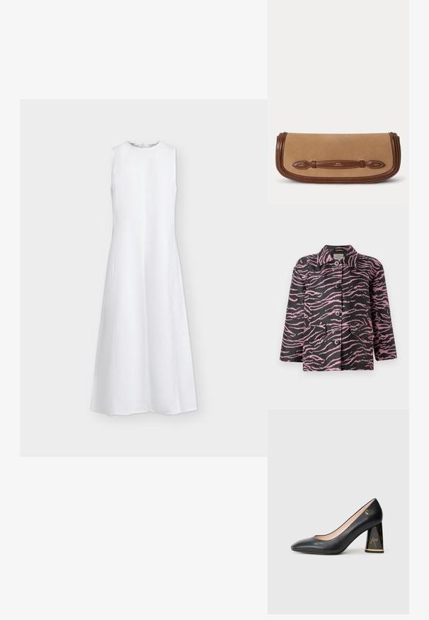 Schwarze Jacke mit rosa Zebra-Strukturen, Knopfverschluß, spitzen Kragen und zwei Fronttaschen. Aus Textilstoff gefertigt.; Weißes ärmelloses langes Kleid mit hohem rundem Ausschnitt und leicht ausgestelltem Saum, vor einem einfarbigen hellen Hintergrund präsentiert.; Schwarzer Leder-Pumps mit spitzer Zehenpartie, Blockabsatz mit Schildpattmuster und goldener Zierleiste sowie kleinem goldenen Logo nahe der Ferse.; Beige Stoff-Clutch mit braunen Lederbesätzen und Griff, geprägt mit Polo by Ralph Lauren Branding.