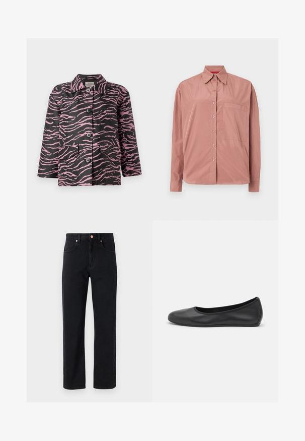 Sort jakke med lyserøde zebra-striber, knaplukning foran, spidse kraver og to forlommer. Fremstillet af struktureret stof.; Langærmet, knap-op skjorte i støvet pink, lavet af blødt stof. Har en brystlomme og en struktureret krave. Knapperne er farvematchede.; Sorte denim jeans med lige ben, fem-lomme design, kobberknap detaljer og minimal syning synlig.; Sort læderballetsko med rund tå, glat tekstur, minimal syning og et fleksibelt såldesign.