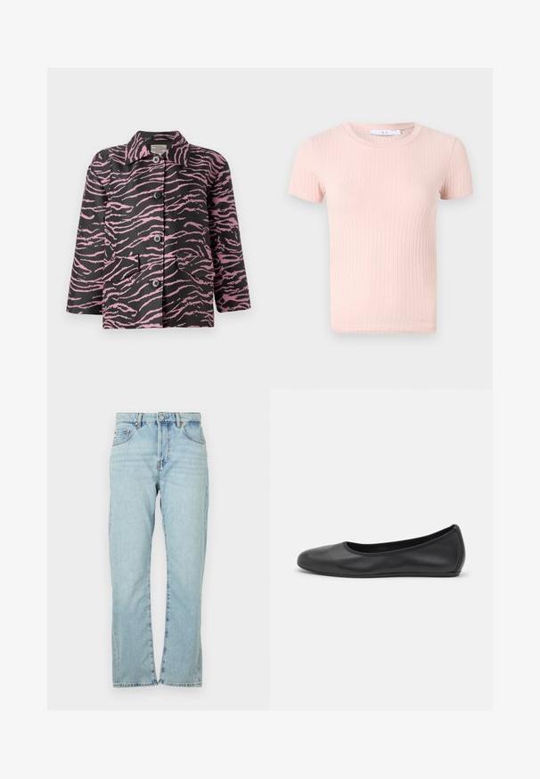 Sort jakke med lyserøde zebra-striber, knaplukning foran, spidse kraver og to forlommer. Fremstillet af struktureret stof.; Lyserød ribbet t-shirt med korte ærmer og rund halsudskæring, der har en blød tekstur og en tætsiddende pasform.; Lyseblå denimjeans med lige ben-design. Har fem lommer, metalknaplukning og en let falmet tekstur.; Sort læderballetsko med rund tå, glat tekstur, minimal syning og et fleksibelt såldesign.