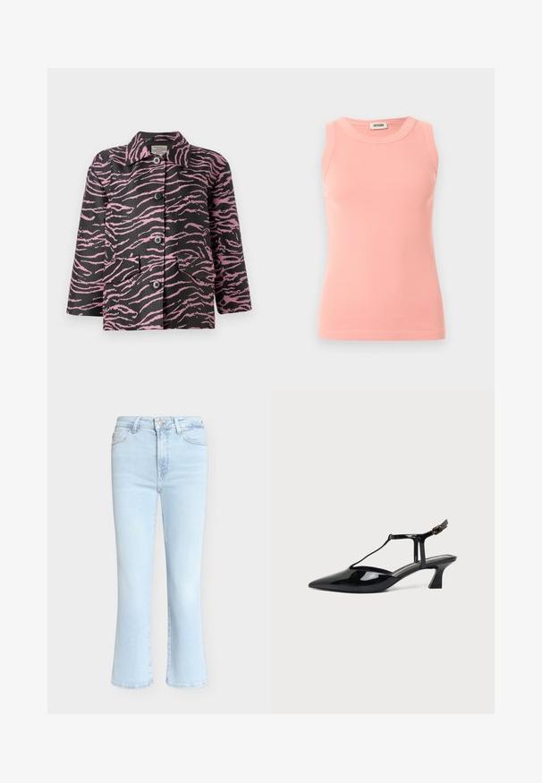 Chaqueta negra con rayas de cebra rosas, con cierre de botones, cuello puntiagudo y dos bolsillos frontales. Hecha de una tela texturizada.; Camiseta sin mangas de punto acanalado en color rosa con cuello redondo y etiqueta Drykorn en la parte posterior del cuello, exhibida sobre un fondo liso claro.; Vaqueros de mezclilla azul claro con cintura alta, bolsillos delanteros y traseros, cierre de botón y cremallera, y perneras ligeramente acampanadas.; Zapato de tacón bajo para mujer en charol negro con tira trasera, punta puntiaguda y correa fina con cierre de hebilla pequeña.