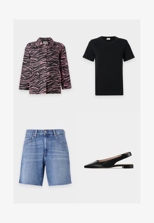 Sort jakke med lyserøde zebra-striber, knaplukning foran, spidse kraver og to forlommer. Fremstillet af struktureret stof.; Sort bomulds t-shirt med korte ærmer og rund hals, med en subtil logo detalje på den nederste front og en lige skåret kant.; Lyseblå denimshorts med lige snit, rå kant, fem lommer og metalknaplukning. Stoffet har en glat tekstur med let falming.; Sort læder slingback flad sko med spids tå og lav firkantet hæl på hvid baggrund.