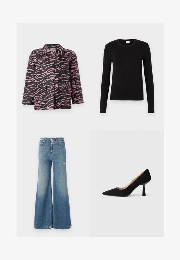 Must mustaga roosa zebra triibudega, nööbid ees, terav krae ja kaks esist taskut. Valmistatud tekstureeritud kangast.; Must have pikka must T-särk, mis on valmistatud pehmest ja siledast kangast. Omab ümmargust kaelust ja seetükki istuvat lõiget, ilma nähtavate musterite või aktsentideta.; CLOSED GLOW UP - Wide leg - mid blue; Must värvusest seemisnahast kõrged kontsad terava ninaosa ja läikiva musta plokknalaga, millel on sile sisemine vooder.