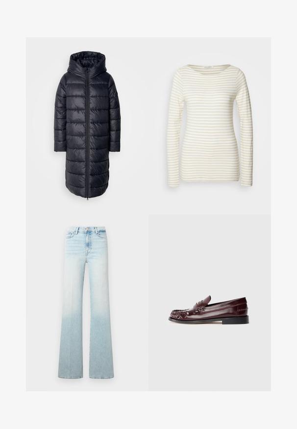 Schwarzer gepolsterter langer Mantel mit Kapuze, ausgestattet mit einem Reißverschluss vorne, puffigen Abschnitten und einem einfachen, eleganten Design vor einem hellen Hintergrund.; Gestreiftes Langarmshirt aus einer Creme- und Beige-Baumwollmischung, mit rundem Halsausschnitt und figurnahem Schnitt. Weiche Textur mit dezenten Mustern.; Hellblaue Jeans aus Denim mit ausgestelltem Bein, einem allmählichen Ombre-Effekt und einem klassischen Knopfverschluss.; Burgunderfarbene Leder-Pennyloafer mit schwarzer Sohle und goldfarbener Metallakzent auf dem Blatt, seitliche Ansicht auf weißem Hintergrund gezeigt.