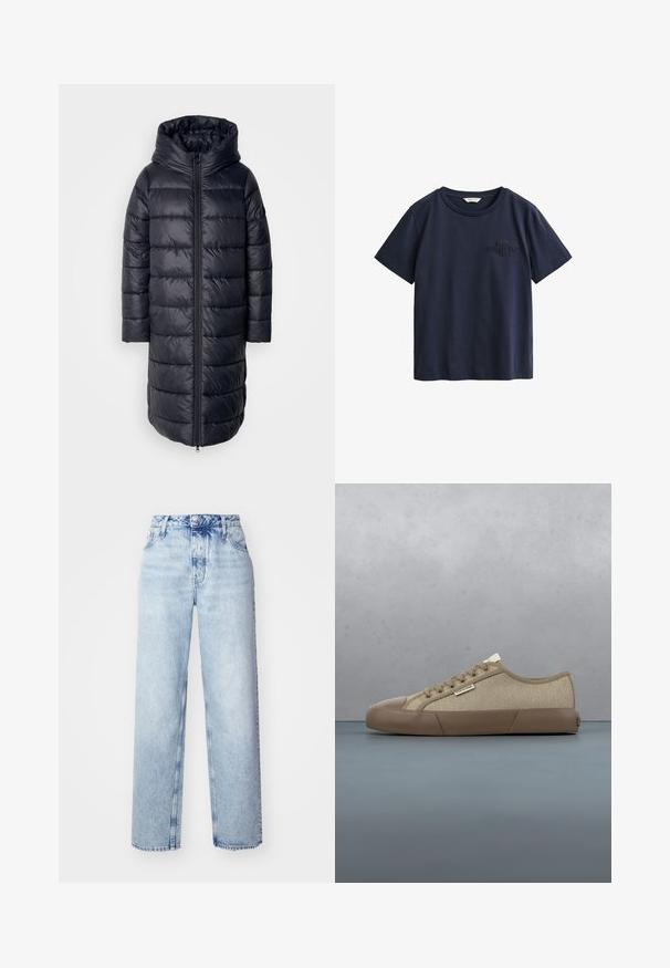 Schwarzer gepolsterter langer Mantel mit Kapuze, ausgestattet mit einem Reißverschluss vorne, puffigen Abschnitten und einem einfachen, eleganten Design vor einem hellen Hintergrund.; Marineblaue Baumwoll-T-Shirt mit kurzen Ärmeln, rundem Ausschnitt und kleinem geprägtem Logo auf der linken Brust.; Hellblaue High-Waist-Jeans mit lockerer Passform, geradem Bein, fünf Taschen und klassischem Knopf- und Reißverschluss.; Beige Calvin Klein Sneaker mit Gummisohle und Schnürsenkeln, schwebt über einer Holzfliesen-Außenfläche mit grünem Pflanzenhintergrund.