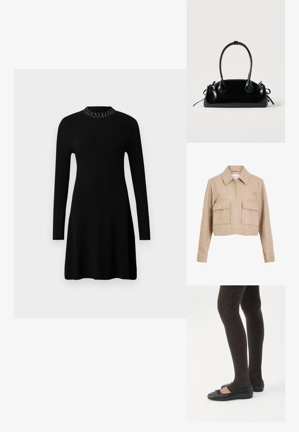 Beige cropped jakke lavet af blødt stof med lynlås foran, spids krave, to frontlommer og trykknapper i guldtonet metal.; Sort langærmet strikkjole med ribbet overdel og sølvfarvede nitter omkring den høje halsudskæring.; Ben iført mørke ribbede leggings kombineret med sorte balletsko med små sløjfedetaljer på hvid baggrund.; Lille sort blank håndtaske med to lange håndtag og snøre-detaljer i siden på en ensfarvet lys baggrund.