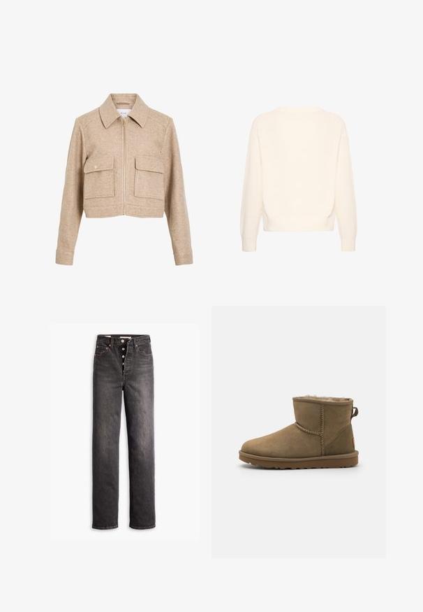 Beige cropped jakke lavet af blødt stof med lynlås foran, spids krave, to frontlommer og trykknapper i guldtonet metal.; Hvid strikket langærmet sweater med ribstrikkede manchetter, kant og halsudskæring, vist bagfra.; Sorte højtaljede jeans med lige ben-design, lavet af denim. Features en knaplukning, kobberdetaljer og kontrastsyninger.; Brune ruskind ankelstøvle med en blød, fuzzy foring, rund tå og en løkkeaccent bagpå. Flad gummisål med struktureret greb.