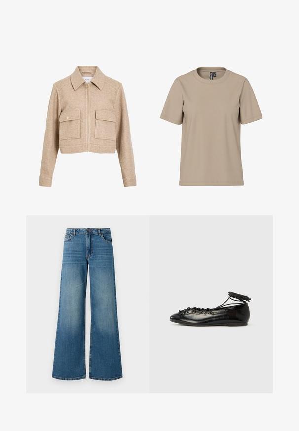 Beige skrátená bunda vyrobená z mäkkej tkaniny s predným zipsom, špicatým golierom, dvoma prednými vreckami a zlatými patentnými gombíkmi.; Béžové bavlnené tričko s okrúhlym výstrihom, krátkymi rukávmi a voľným strihom. Obsahuje minimálne švy a žiadne viditeľné vzory ani akcenty.; Široké modré džínsy s vyblednutým povrchom, dizajnom s piatimi vreckami a štandardným pásom s kovovým gombíkom a zipsom.; Čierne baleríny z lakovanej kože s okrúhlou špičkou, šnurovačkou a plochou podrážkou. Hladká textúra s minimálnymi detailmi.