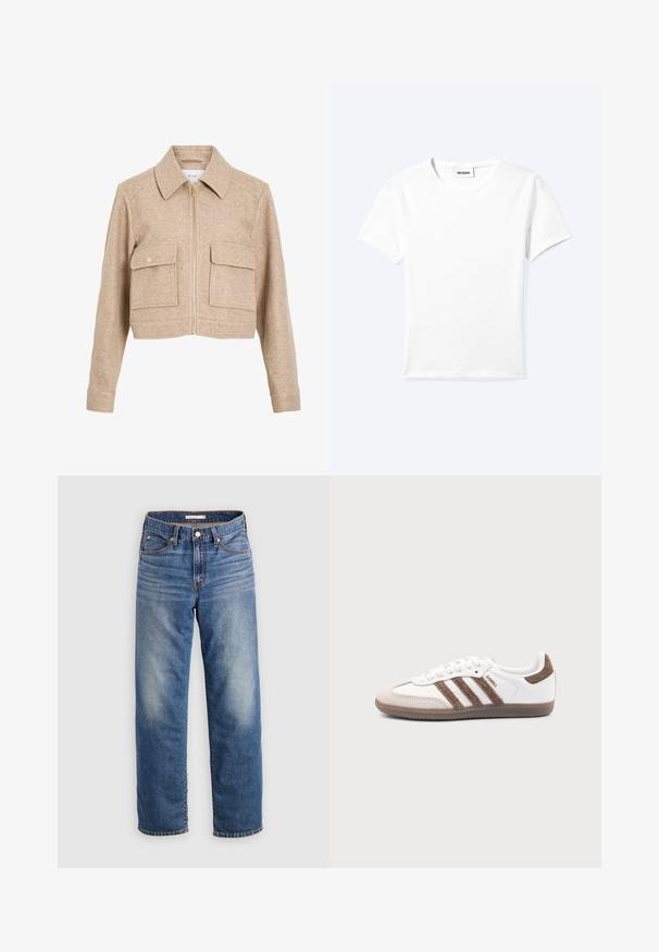 Chaqueta recortada beige hecha de una tela suave con cremallera frontal, cuello puntiagudo, dos bolsillos delanteros y botones de presión en tono dorado.; Camiseta blanca lisa de manga corta con cuello redondo y una pequeña etiqueta "WEEKDAY" dentro del cuello, mostrada extendida sobre un fondo claro.; Vaqueros de mezclilla azul claro con un diseño de pierna recta, que cuentan con bragueta de botones, bolsillos delanteros y un sutil desgaste cerca del área del muslo.; Zapatilla blanca Adidas Samba con franjas de ante marrón, suela de goma marrón y puntera de ante beige, vista desde el lado exterior sobre un fondo liso.