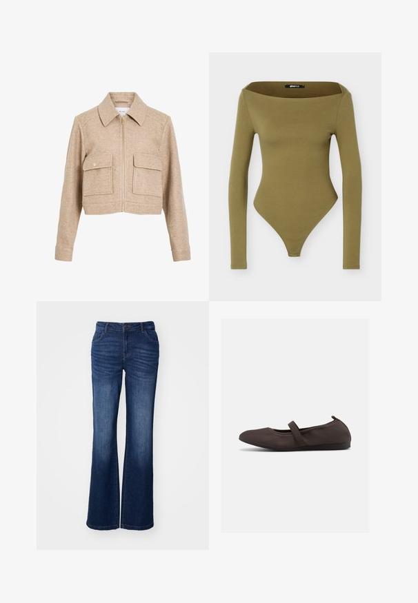Beige cropped jakke lavet af blødt stof med lynlås foran, spids krave, to frontlommer og trykknapper i guldtonet metal.; Olivengrøn langærmet tætsiddende bodysuit med bred firkantet halsudskæring og bund i trusse-stil.; Blå denim flared jeans med en mid-rise talje, fem lommer og subtilt slid ved lårene. Har en frontknap og lynlås lukning.; Brun balletsko med elastisk rem og rundet tå, vist mod en hvid baggrund, sideudsigt.