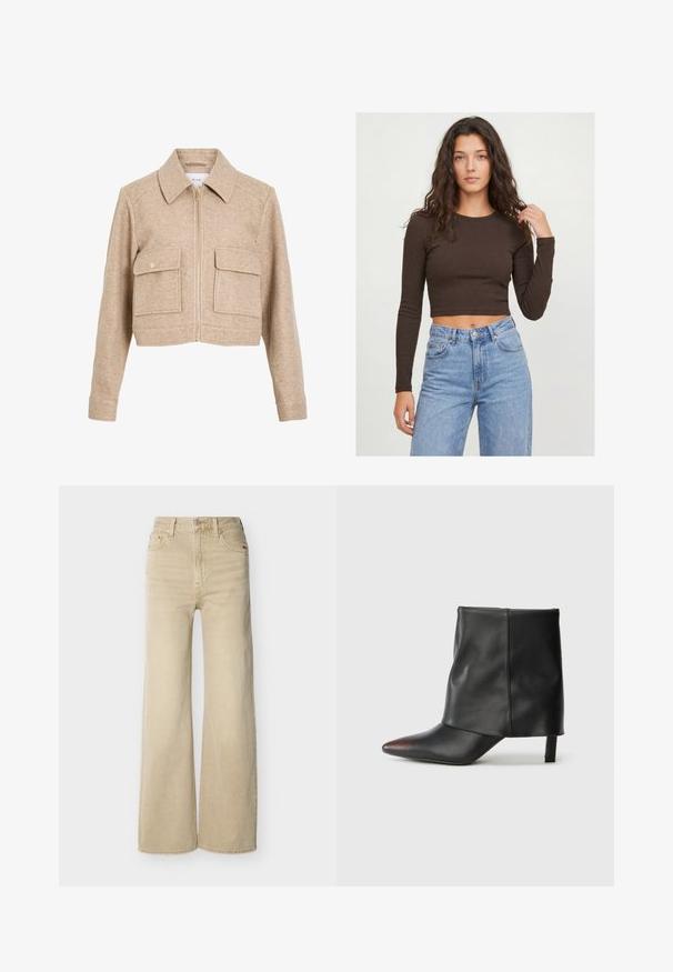 Veste courte beige en tissu doux avec fermeture éclair à l'avant, col pointu, deux poches avant et boutons-pression dorés.; Jeune femme aux longs cheveux bouclés portant un crop top marron foncé à manches longues et un jean taille haute bleu clair sur un fond uni.; Jean beige taille haute, jambe large, avec bouton et fermeture éclair à l'avant, poches avant et arrière, et passants pour ceinture sur fond blanc.; Bottine noire en cuir lisse avec un bout pointu et un talon effilé. La tige présente un design légèrement froncé.