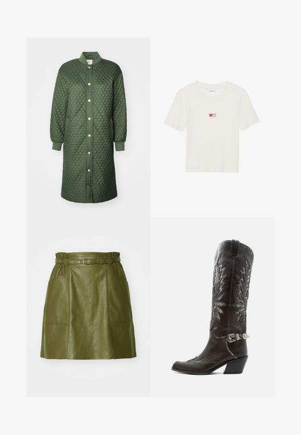 Abrigo acolchado verde con cierre de botones a presión en la parte delantera, puños acanalados y bolsillos laterales; presenta un patrón de diamantes y diseño hasta las rodillas.; Camiseta blanca de manga corta con canalé que presenta dos corazones rojos bordados en el pecho. Tejido suave con un diseño clásico de cuello redondo.; Falda de cuero verde oliva con cintura ceñida, que presenta dos bolsillos frontales y una textura suave. Silueta en A con un diseño moderno.; Bota cowboy de cuero negro con recortes decorativos, hebilla plateada y tacón inclinado, presentada sobre fondo blanco.