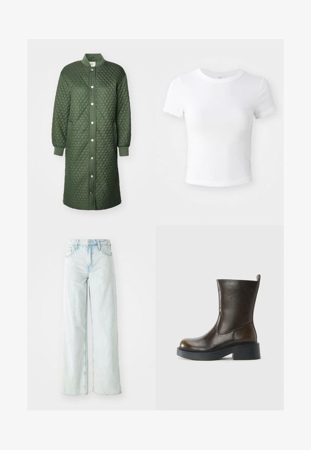 Abrigo acolchado verde con cierre de botones a presión en la parte delantera, puños acanalados y bolsillos laterales; presenta un patrón de diamantes y diseño hasta las rodillas.; Camiseta corta de manga corta blanca, con cuello redondo, exhibida sobre un fondo neutral claro.; Jeans de pierna ancha de talle alto en denim de color azul claro. Cuenta con cinco bolsillos y cierre de botón. Textura desgastada en los muslos.; Botín de piel marrón oscuro que llega hasta la mitad de la pantorrilla, con puntera redonda, suela negra gruesa, tacón bajo y una lengüeta en la parte posterior.