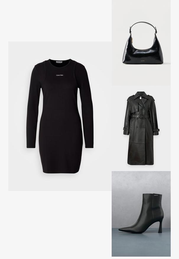 Schwarzer Leder-Trenchcoat mit tailliertem Gürtel, doppelter Knopfleiste, scharfem Kragen und gestanzten Details an den Ärmeln.; Schwarzes Kleid mit langen Ärmeln aus glattem Stoff, mit rundem Halsausschnitt und dezentem Calvin Klein-Logo auf der Brust. Figurbetontes Design.; Schwarze Leder-Stiefelette mit spitzem Zehenbereich und einem geometrischen Absatz. Verfügt über dezente Branding-Elemente und eine glatte Textur. Der Hintergrund zeigt strukturierte Fliesen.; Schwarze, glänzende Calvin Klein Handtasche mit goldfarbenem Reißverschluss und kurzem Trageriemen vor schlichtem weißem Hintergrund.