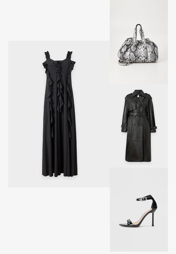 Manteau trench en cuir noir avec une taille ceinturée, des boutons double-breasted, un col aiguisé et des détails perforés sur les manches.; Robe maxi noire avec des accents froncés, décolleté carré et bretelles froncées. Fabriquée en tissu doux, elle présente des volants verticaux sur le devant.; Sandale à talon haut en cuir verni noir avec bride à la cheville. Présente un design minimaliste, un bout ouvert et une boucle ornée de strass.; Sac à main en motif peau de serpent noir et blanc avec deux poignées, une fermeture à cordon et une bandoulière amovible. Texture lisse.