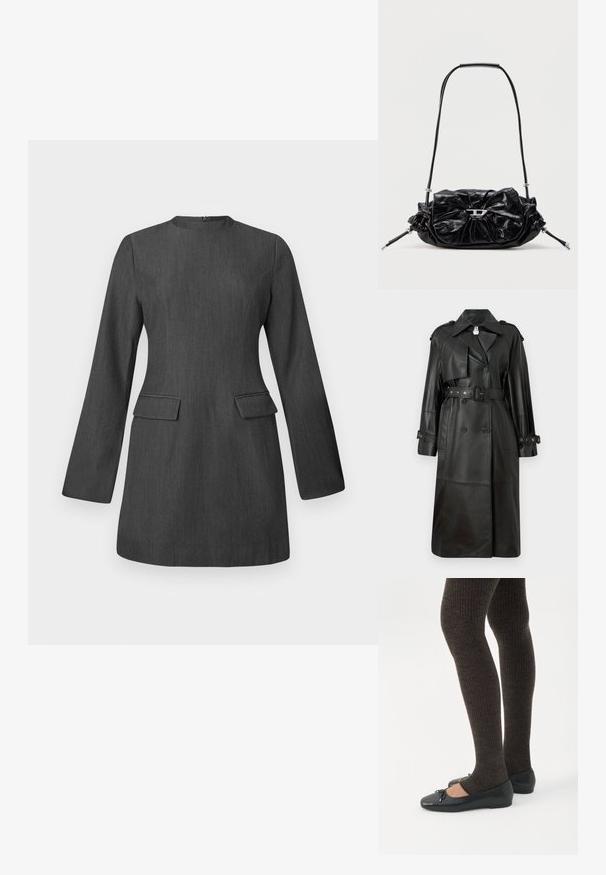 Zwarte leren trenchcoat met een ceintuur in de taille, dubbele knopen, scherpe kraag en geperforeerde details op de mouwen.; Grijze op maat gemaakte jurk met lange mouwen, ronde hals en twee voorzakken. Gemaakt van gestructureerde stof, met een strak en gestructureerd ontwerp.; Benen met donkere geribbelde leggings gecombineerd met zwarte ballerina's met kleine strikdetails op een witte achtergrond.; Zwarte leren handtas met een geplooid design en een strikdetail aan de voorkant. Voorzien van een korte handgreep en zilverkleurige metalen accenten.