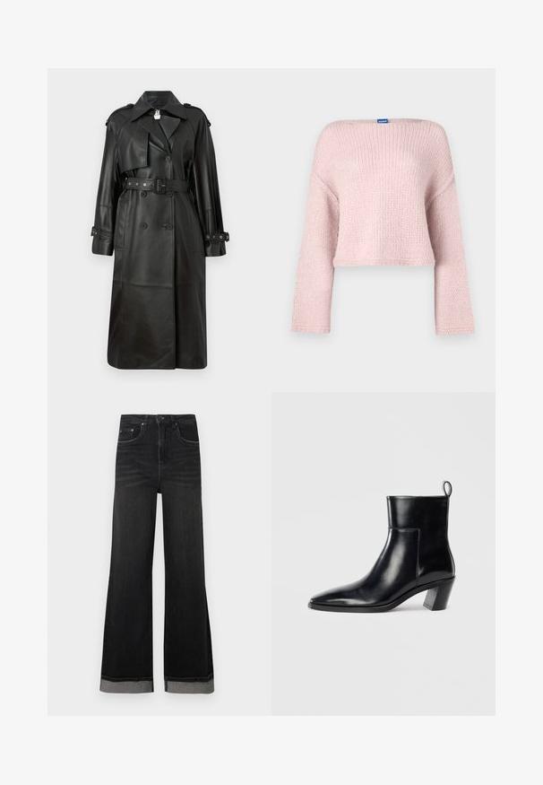 Schwarzer Leder-Trenchcoat mit tailliertem Gürtel, doppelter Knopfleiste, scharfem Kragen und gestanzten Details an den Ärmeln.; Rosa gestrickter Pullover mit weitem Bootsausschnitt, langen Ärmeln und kurzem Schnitt. Verfügt über eine weiche Textur und ein kleines Etikett am Hals.; Schwarze Jeans aus Denim mit ausgestelltem Bein und hoher Taille, ausgestattet mit fünf Taschen und kontrastierenden Nähten. Die Bündchen haben einen grauen, umgeschlagenen Saum.; Schwarze Leder-Ankleboots mit spitzem Zeh, geometrischem Blockabsatz und einem Zugband hinten. Glatte Textur und elegantes Design.